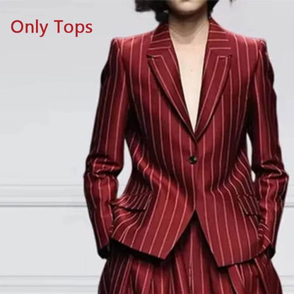 Beautyblue Women's Vintage Blazer Set - Striped Loose Wide Leg Trousers - Buy Center US
