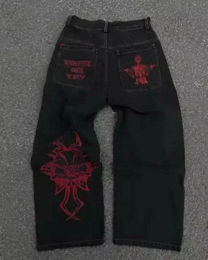 BiggOrange Y2K Rhinestone Jeans - Vintage Hip Hop Wide Leg Trousers - Buy Center US
