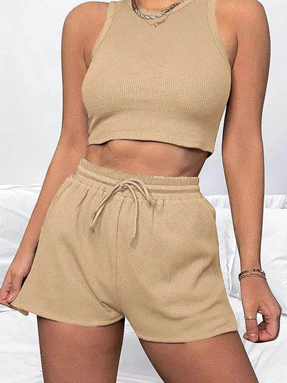Elegant Women's Two-Piece Set - Sleeveless Waffle Vest & Shorts - Buy Center US