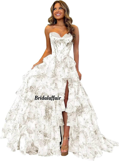 Strapless Floral Tiered Prom Dress - Sweetheart Neckline, A-Line Design - Buy Center US