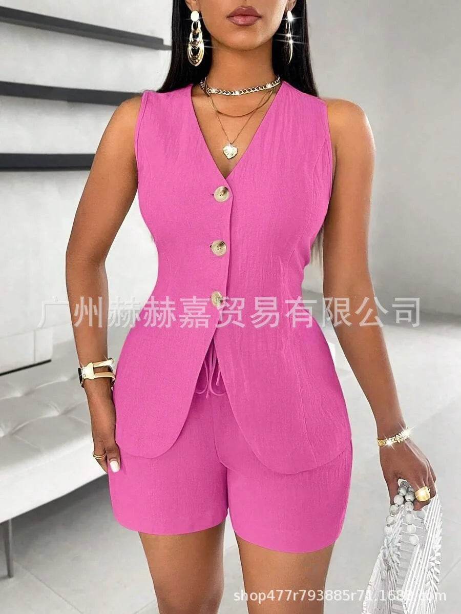 Women's Elegant Commuter Shorts Set - V-Neck Sleeveless Top & Shorts - Buy Center US