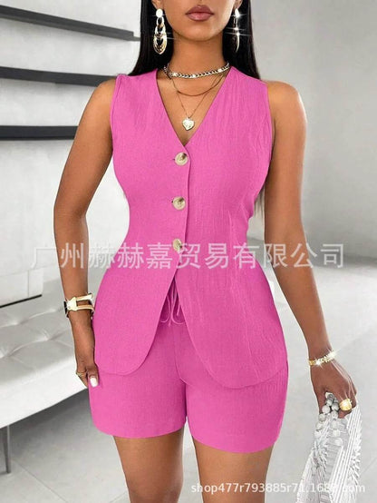 Women's Elegant Commuter Shorts Set - V-Neck Sleeveless Top & Shorts - Buy Center US