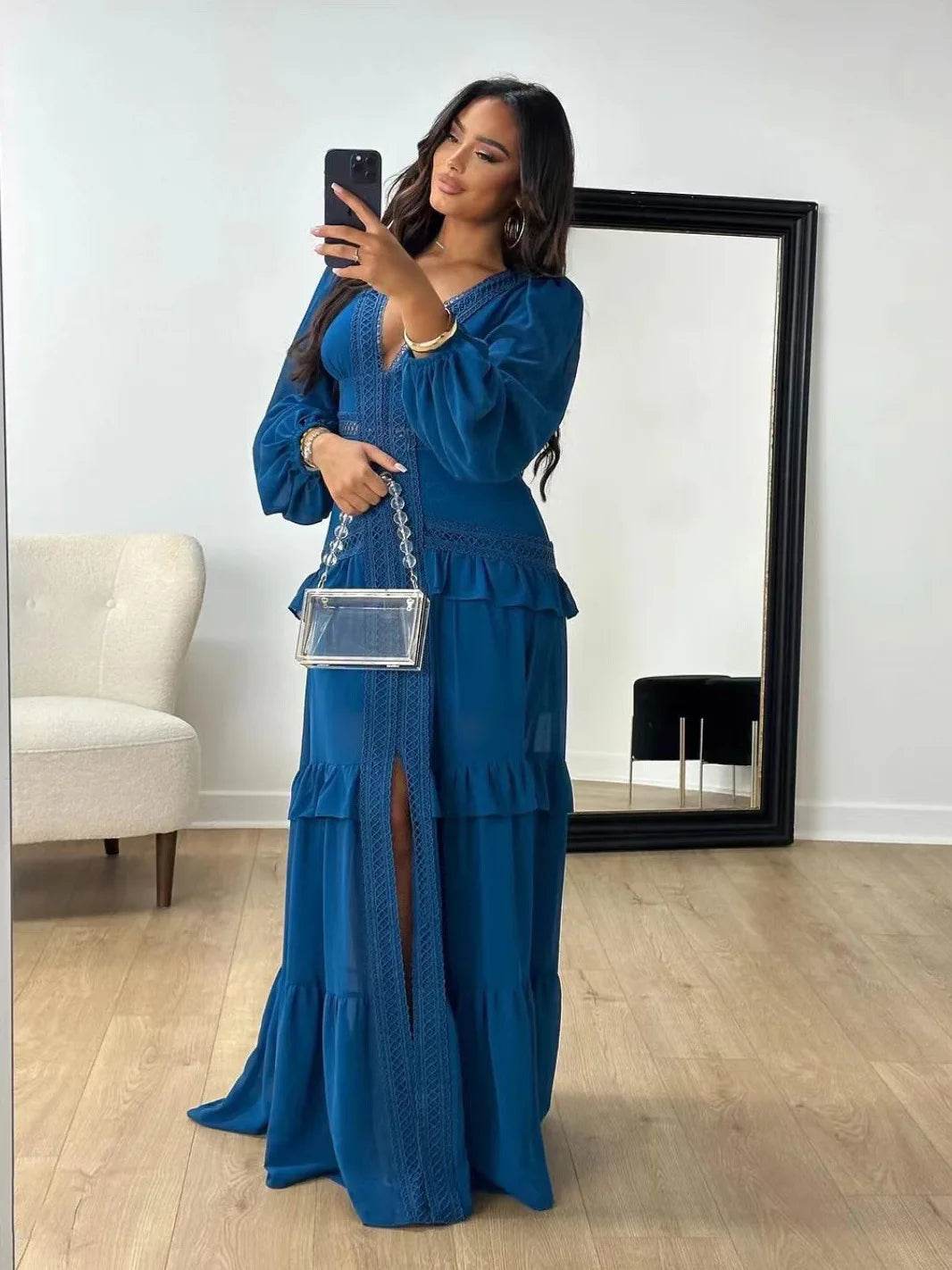 HKOX Elegant V-Neck Long Sleeve Ruffles Dress for Summer 2025 - Buy Center US