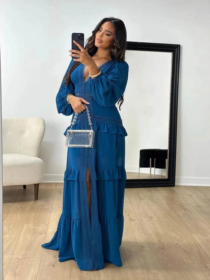 HKOX Elegant V-Neck Long Sleeve Ruffles Dress for Summer 2025 - Buy Center US