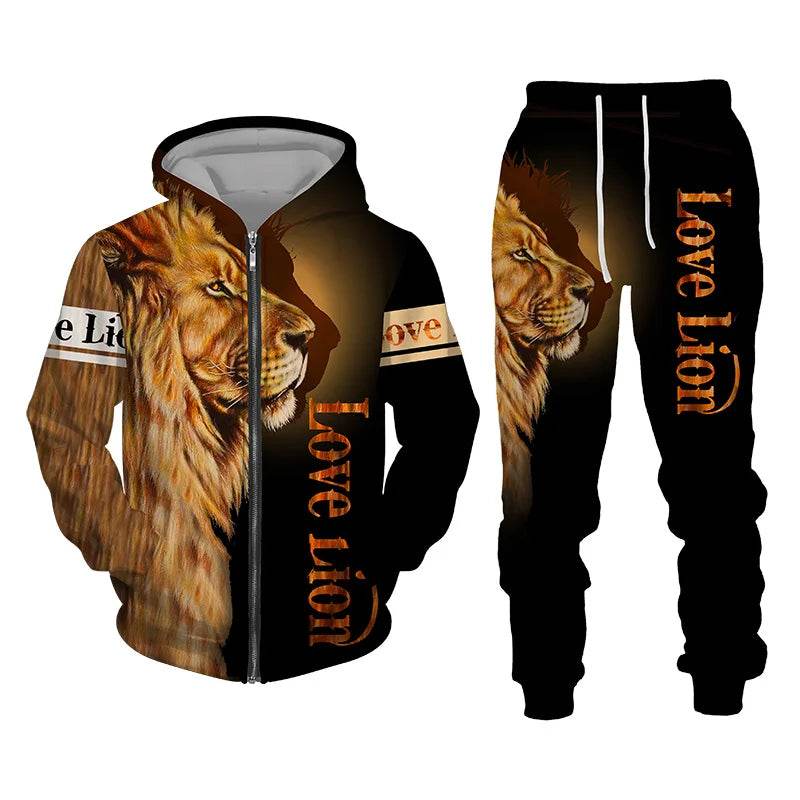 Men's 3D Lion Print Tracksuit - Casual Zipper Hoodie & Pants Set - Buy Center US