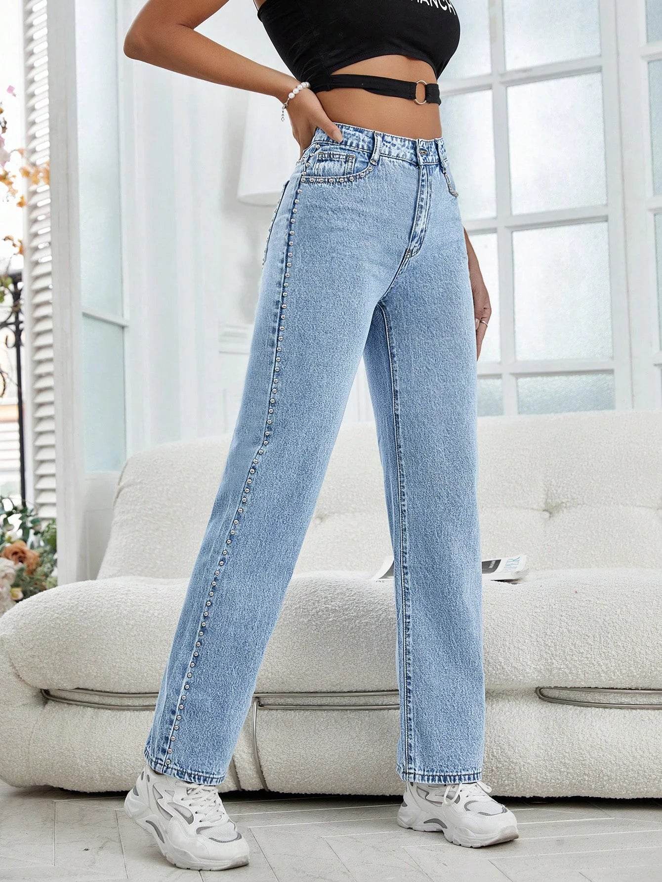 Women's Light Blue Straight-Leg Jeans - Casual Beaded Trim Style - Buy Center US