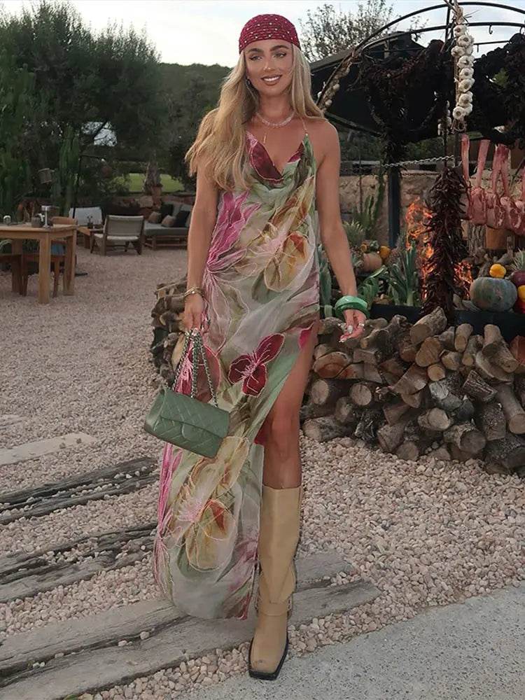 Women's Retro V-neck Halter Long Beach Dress - Sleek & Sleeveless - Buy Center US