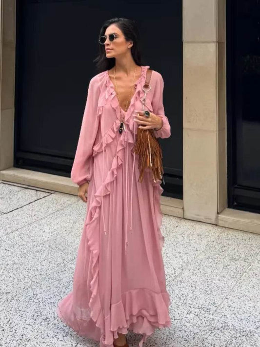 Elegant V-Neck Flounce Dress - Chic Loose Summer Gown for Women - Buy Center US