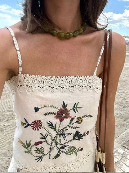 Retro Embroidered Sling Top and Shorts Set - Casual Summer Outfit - Buy Center US
