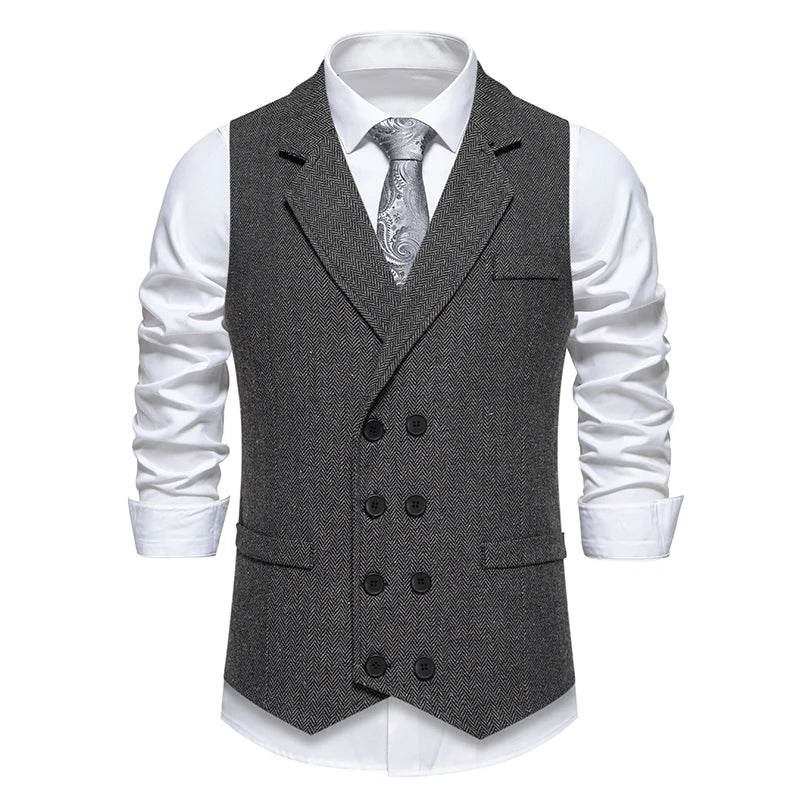 Men's Double Breasted Herringbone Vest - Casual Formal Suit Option - Buy Center US