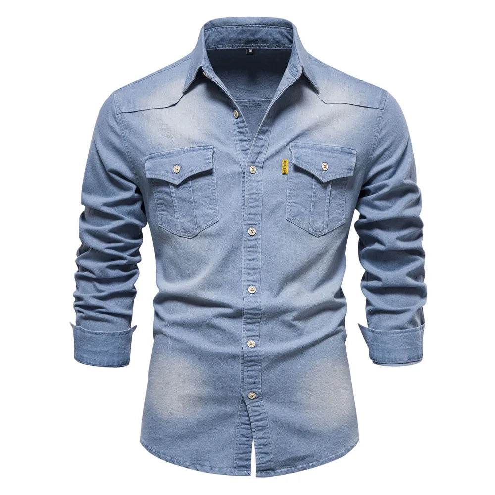 High-Quality Cotton Denim Shirt - Men's Slim Fit Casual Long Sleeve - Buy Center US