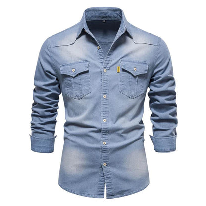 High-Quality Cotton Denim Shirt - Men's Slim Fit Casual Long Sleeve - Buy Center US