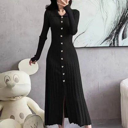 Chic Women’s V-Neck Long Dress - Slim Fit, Patchwork Puff Sleeve - Buy Center US