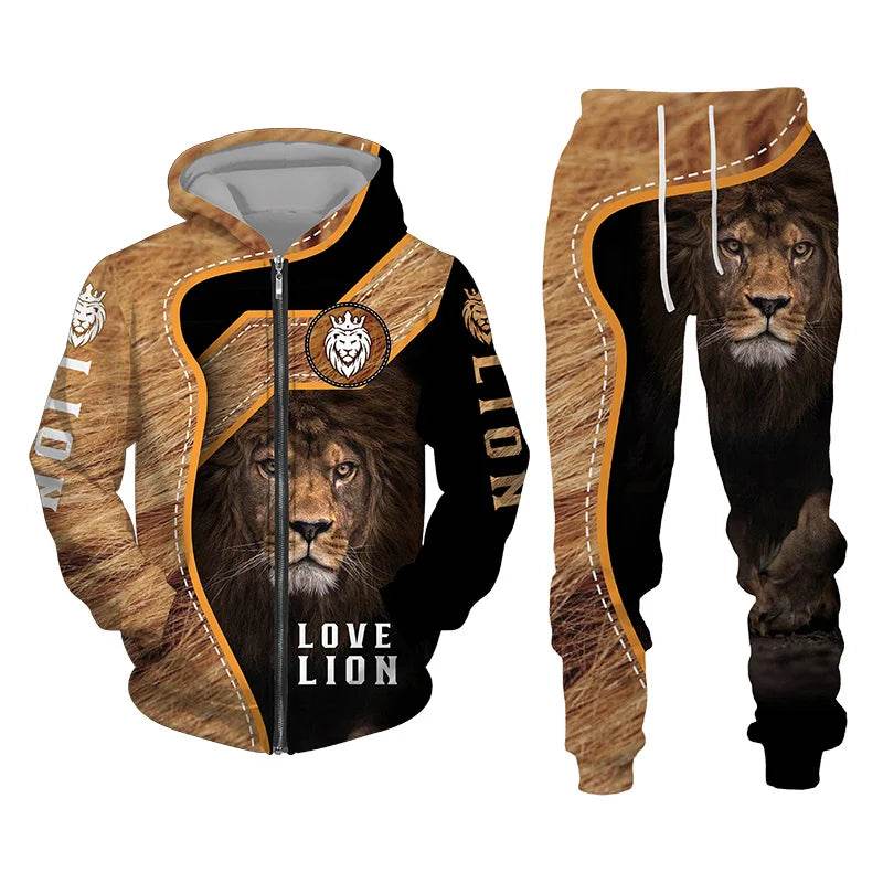 Men's 3D Lion Print Tracksuit - Casual Zipper Hoodie & Pants Set - Buy Center US