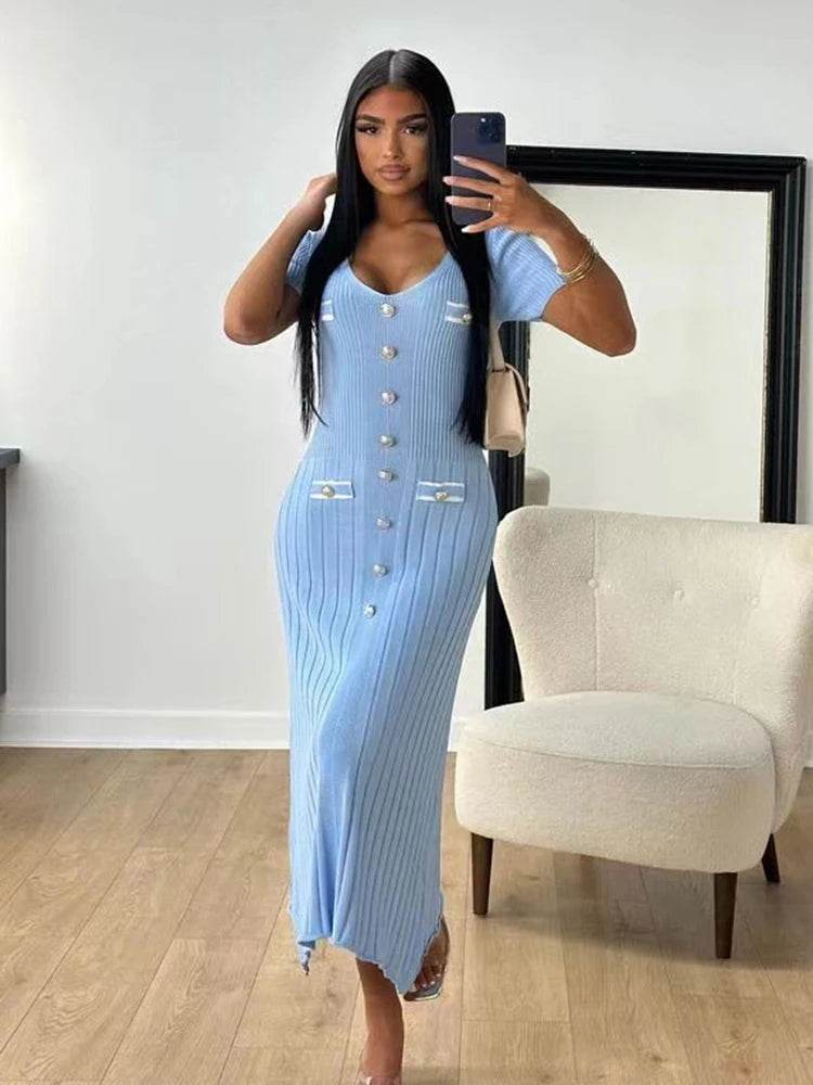 Elegant Office Lady Knitted Dress - Short Sleeve V-Neck Style - Buy Center US