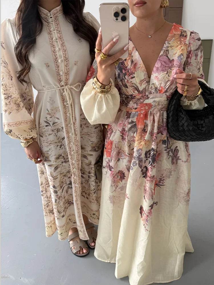 Chic Floral Print Women's Dress - Elegant V-Neck & Lantern Sleeves - Buy Center US