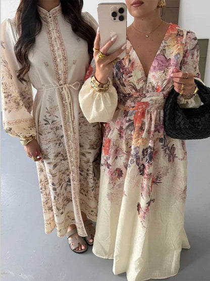 Chic Floral Print Women's Dress - Elegant V-Neck & Lantern Sleeves - Buy Center US