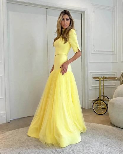 WDP Women's Yellow Two-Piece Party Dress - High Neck, A-Line Style - Buy Center US