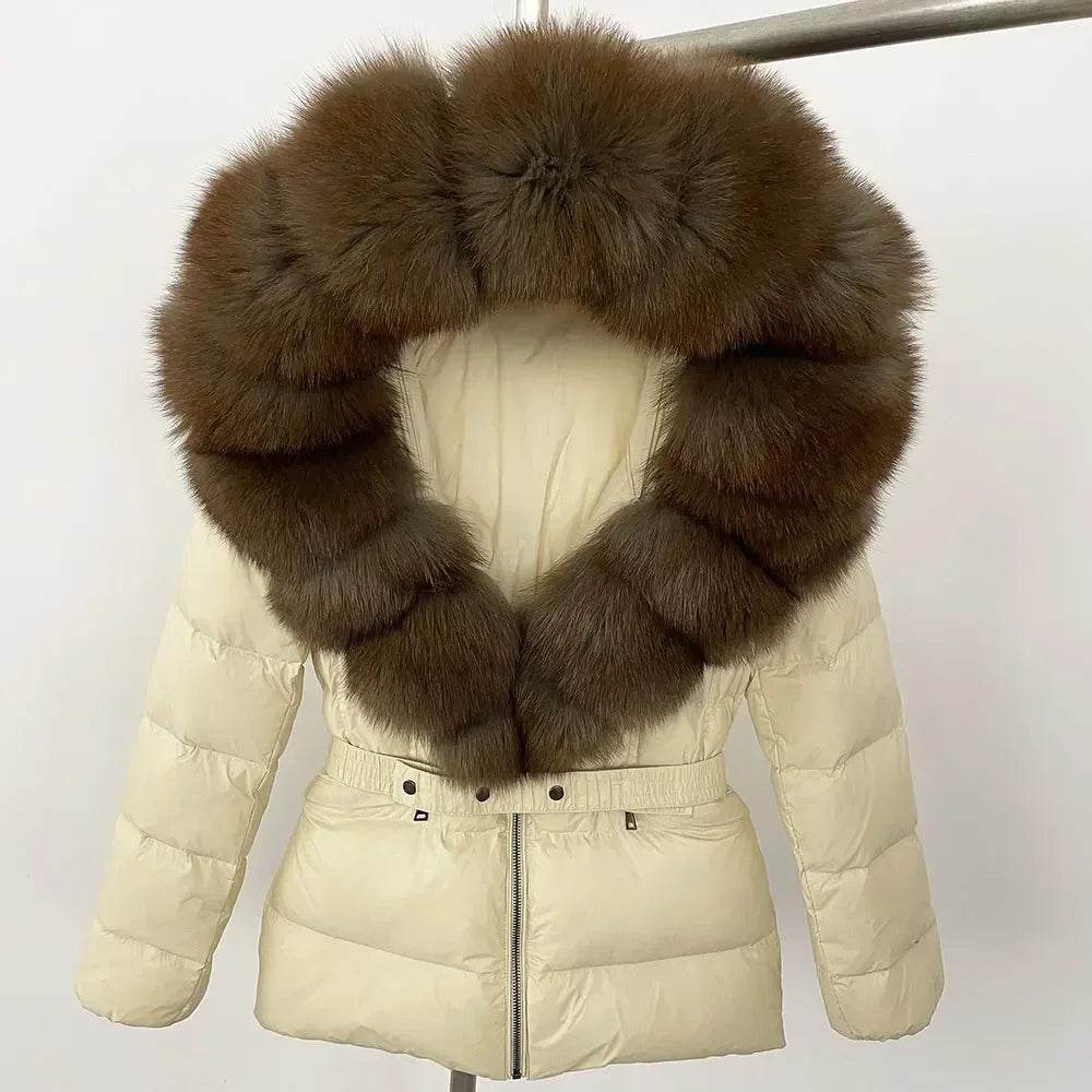 Women's Hooded White Duck Down Coat - Real Raccoon Fur Collar - Buy Center US