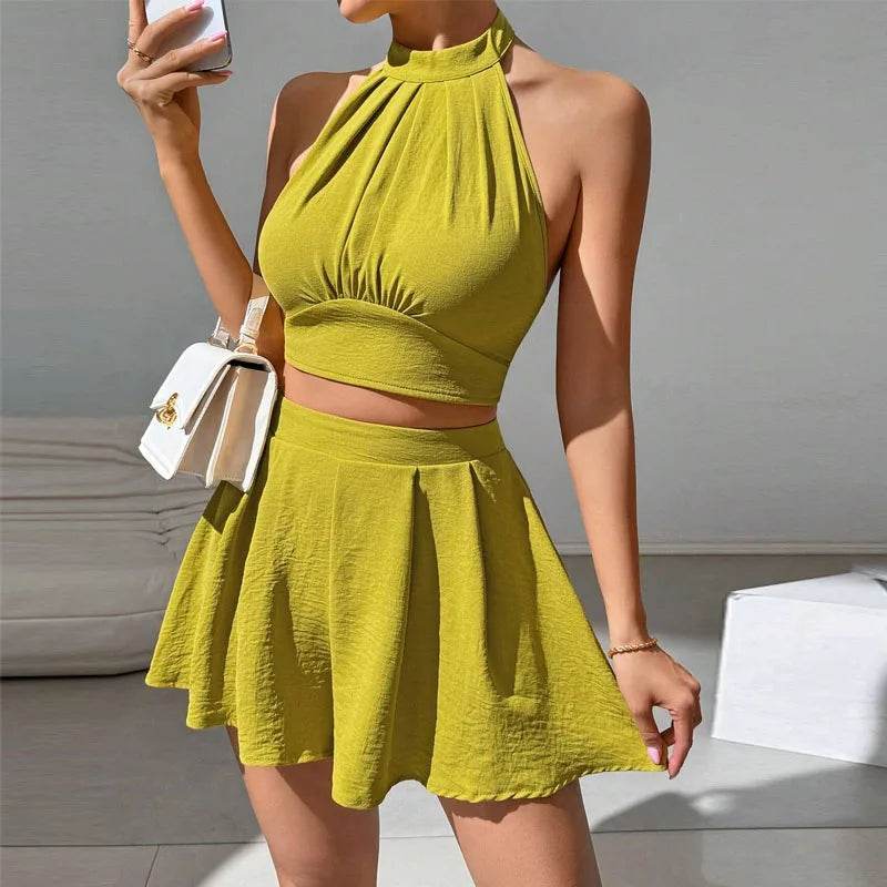 Chic Women Summer Shorts Set - Halter, Lace-up, Solid Chiffon - Buy Center US