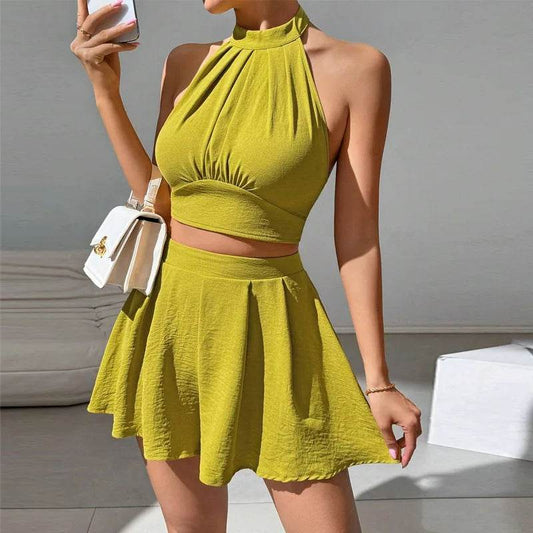Chic Women Summer Shorts Set - Halter, Lace-up, Solid Chiffon - Buy Center US