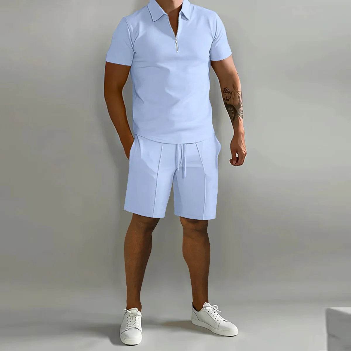 Men's Casual Solid Color Polo Shirt & Vertical Stripe Pants Set - Buy Center US