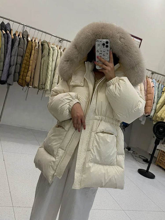 LAJWMPLX Women’s Winter Puffer Coat - Real Raccoon Fur Hood, Waterproof - Buy Center US