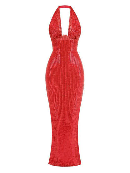 Green Maxi Dress for Women - Sexy V Neck Sleeveless Sequined Gown - Buy Center US