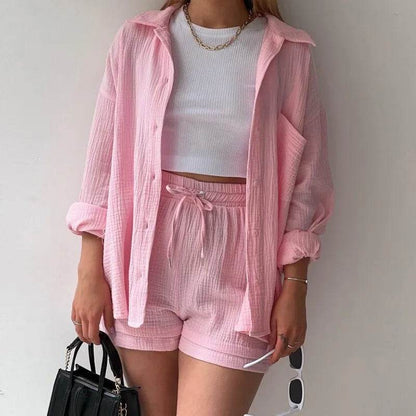 Women's Summer Shorts Set - White Casual Outfit with Long Shirt - Buy Center US