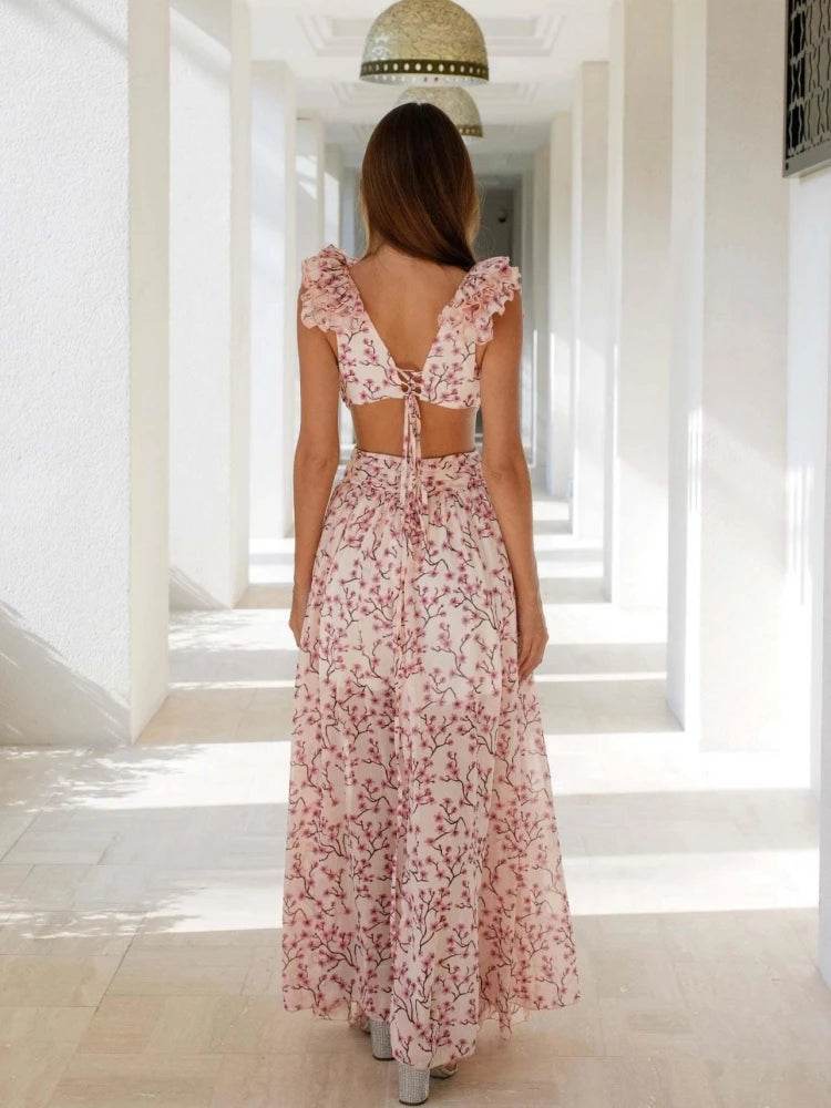 Sexy Pink Floral V Neck Dress - Sleeveless Ruffle Ankle Length - Buy Center US