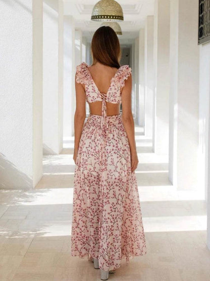 Sexy Pink Floral V Neck Dress - Sleeveless Ruffle Ankle Length - Buy Center US