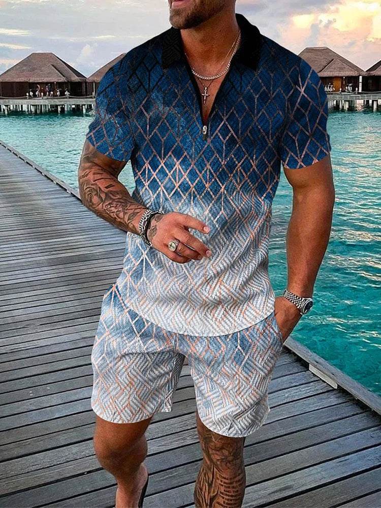 Men's Summer Colorful Tracksuit Set - Casual Zipper Polo Shirt & Shorts - Buy Center US