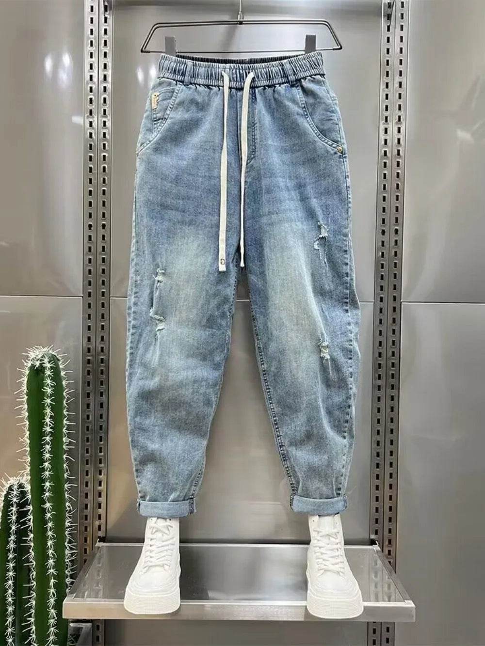 2024 Casual Loose Fit Denim Jeans for Men - Distressed Blue Joggers - Buy Center US