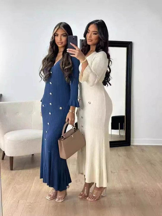 Elegant Women's Flare Sleeve V-Neck Long Dress - Party & Office Chic - Buy Center US