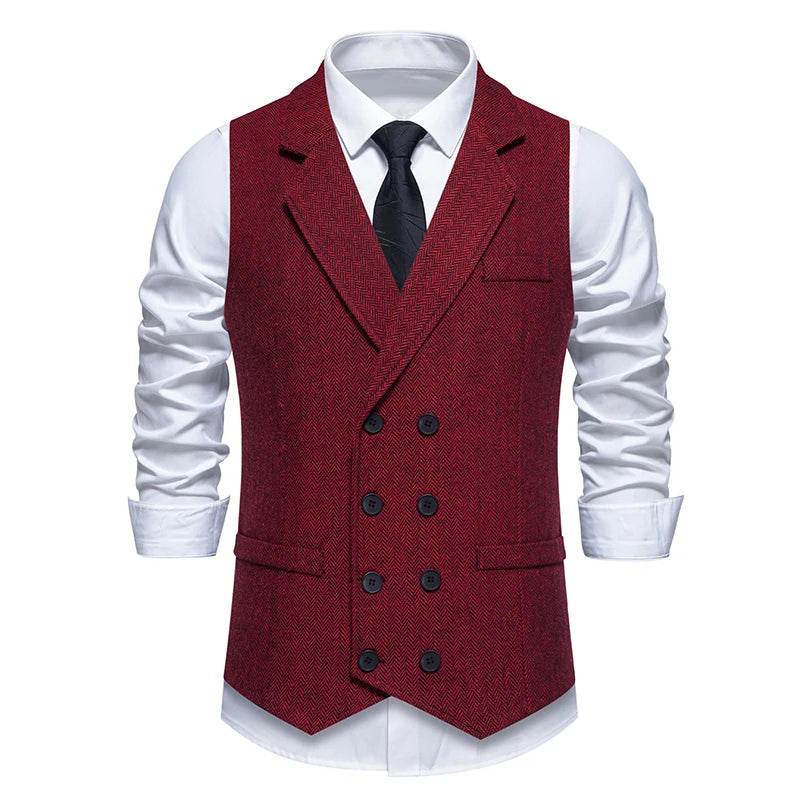 Men's Double Breasted Herringbone Vest - Casual Formal Suit Option - Buy Center US