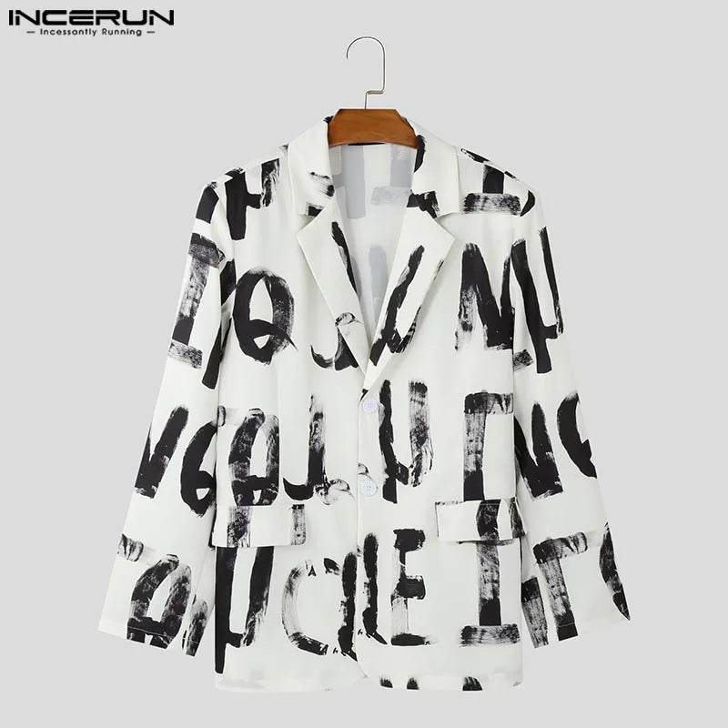 INCERUN Men's Casual Hand-Drawn Letter Design Blazer - Stylish Lapel Jacket - Buy Center US