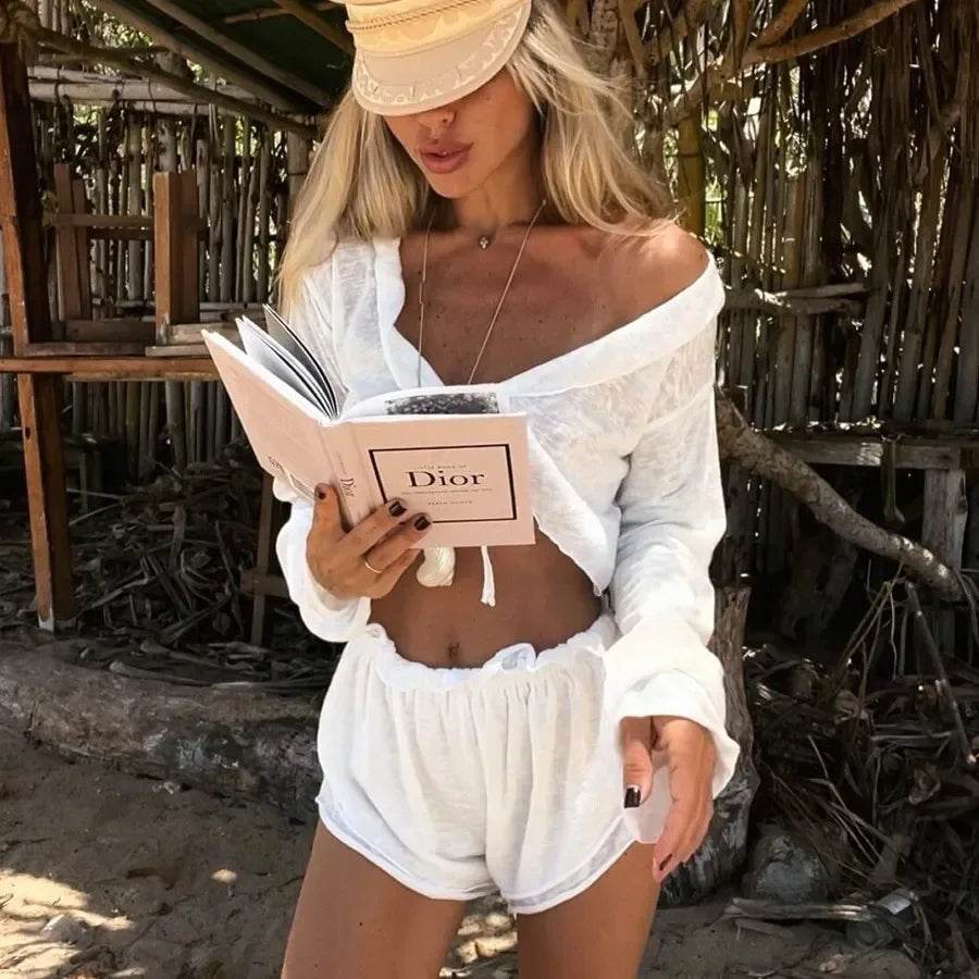 Anicenice Women's Beach Shorts Set - Lace-Up Top & Knee-Length Shorts - Buy Center US