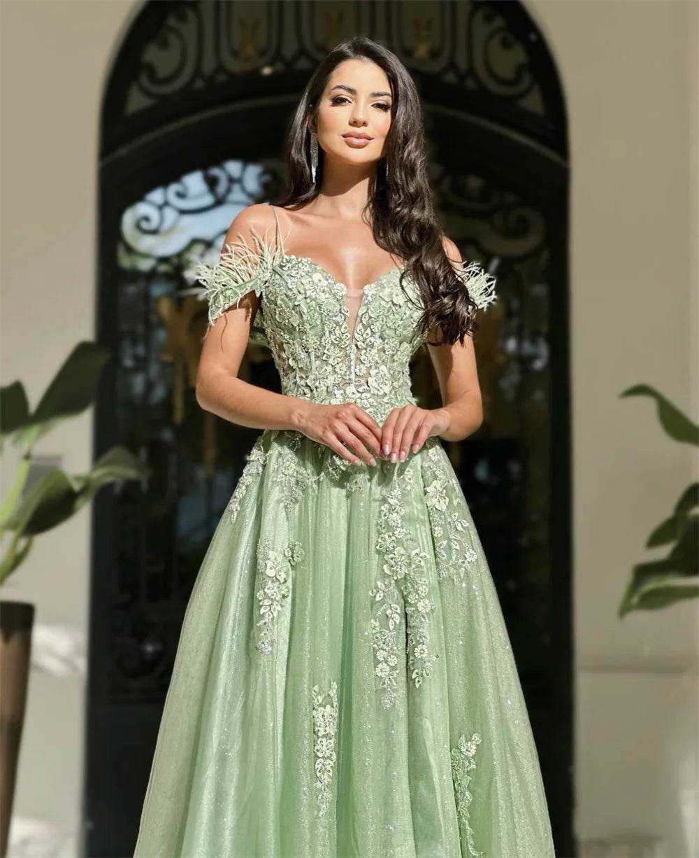Cathy Light Green Off the Shoulder Prom Dress - High Split, Lace Embroidery - Buy Center US
