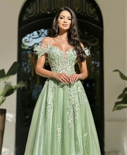 Cathy Light Green Off the Shoulder Prom Dress - High Split, Lace Embroidery - Buy Center US
