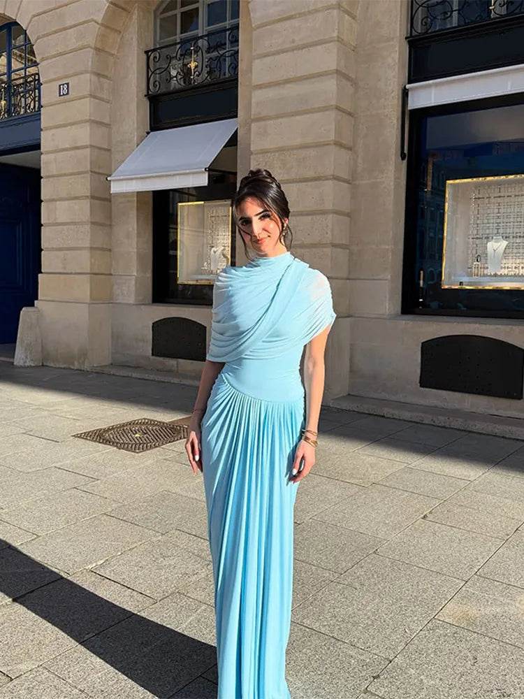 Elegant Irregular Blue Pleated Long Dress - Slim Fit Turtleneck Dress - Buy Center US