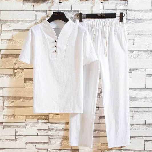 Chinese Style Linen Suit - Men's Summer Short Sleeve Hanfu Set - Buy Center US
