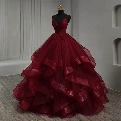 Dark Red Spaghetti Strap V-Neck Quinceanera Dress - Boho Ball Gown - Buy Center US