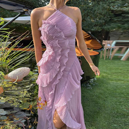 Elegant Backless Evening Gown - Ruffles & Lace Up Detail - Buy Center US