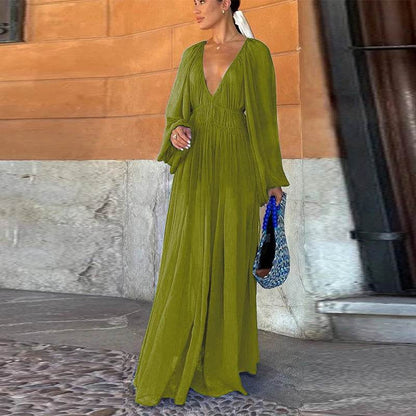 Elegant Pleated O-Neck Long Dress - Women's Summer Beach Chic - Buy Center US