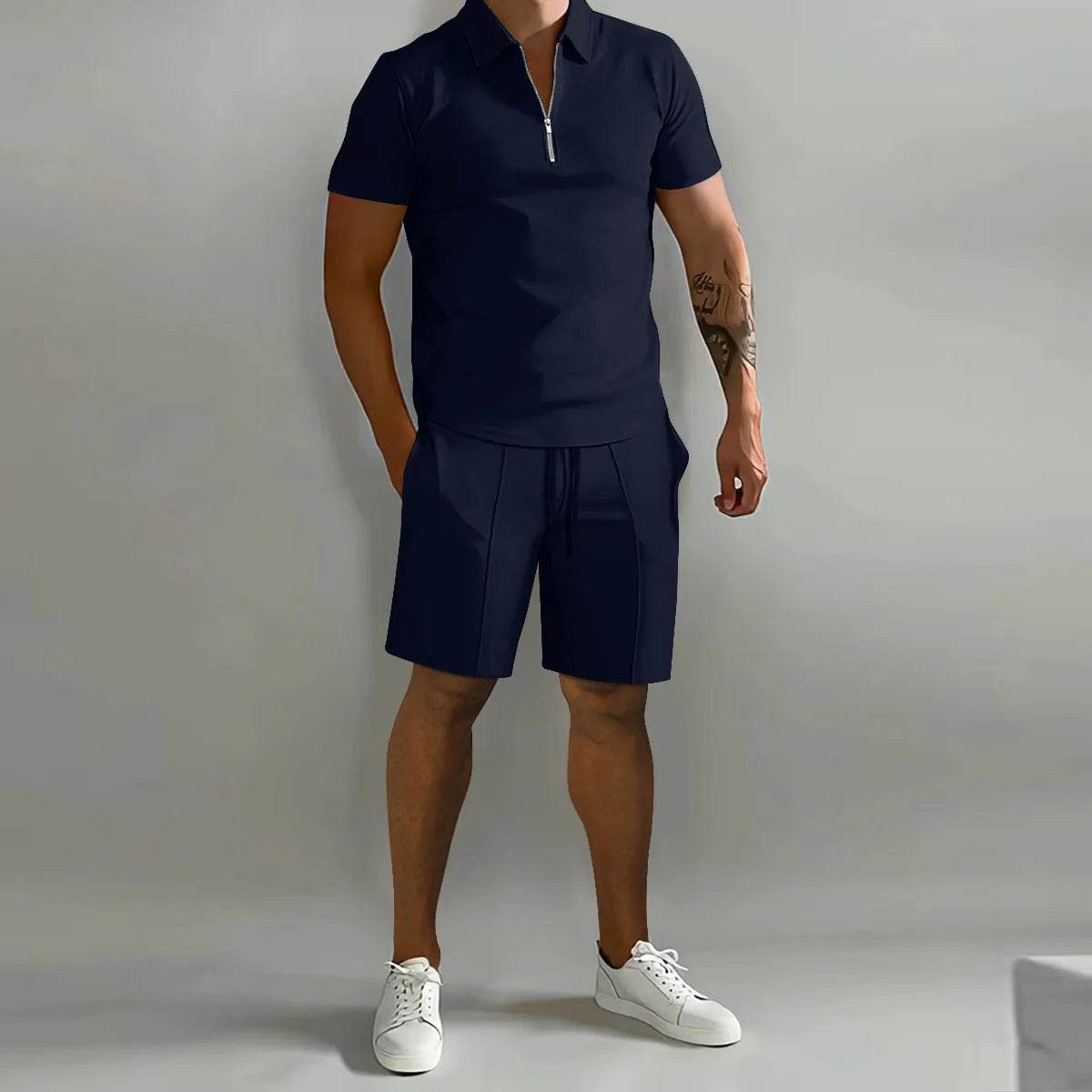 Men's Casual Solid Color Polo Shirt & Vertical Stripe Pants Set - Buy Center US