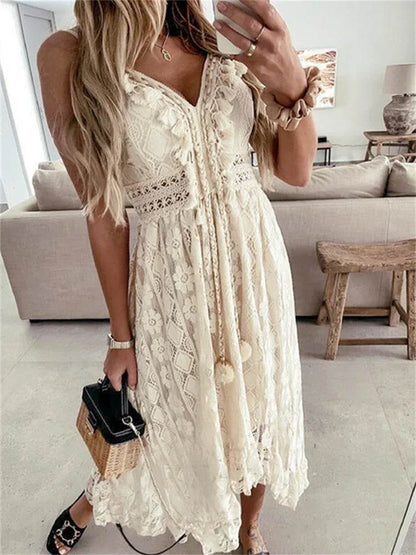 Hirigin Women’s White Lace Dress - Sleeveless V-Neck Beach Holiday - Buy Center US