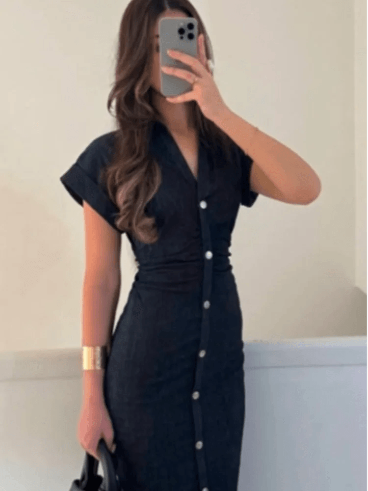 Beainmmry Elegant Denim Dress - Short Sleeve, Slim Fit for Women - Buy Center US