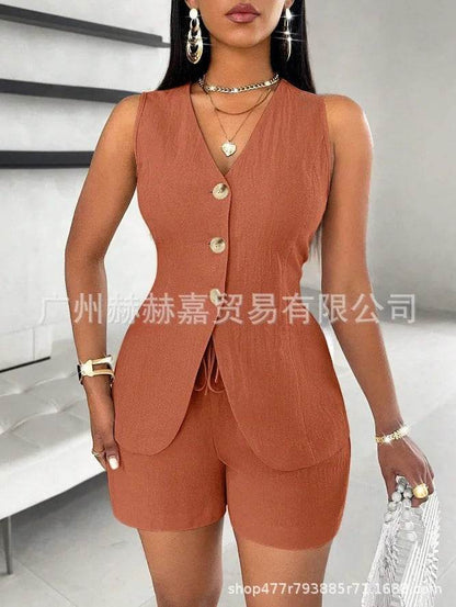 Women's Elegant Commuter Shorts Set - V-Neck Sleeveless Top & Shorts - Buy Center US