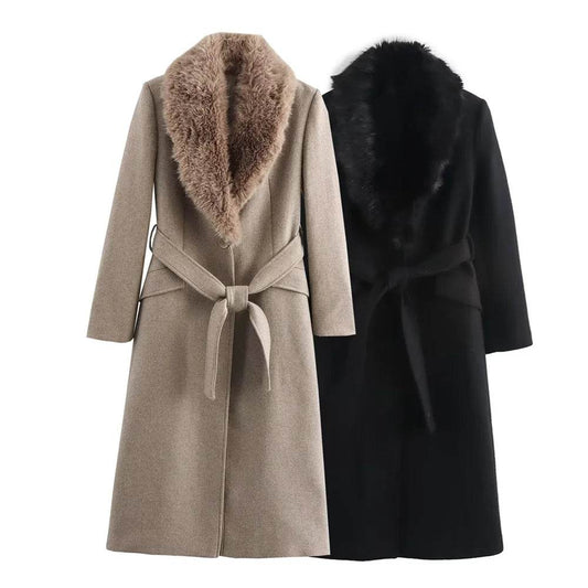 PB&Z Women's Warm Fur Collar Coat - Button and Pocket Details - Buy Center US