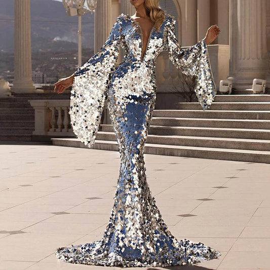 Elegant Silver Sequin Evening Dress - Flare Sleeves, Deep V Neck - Buy Center US
